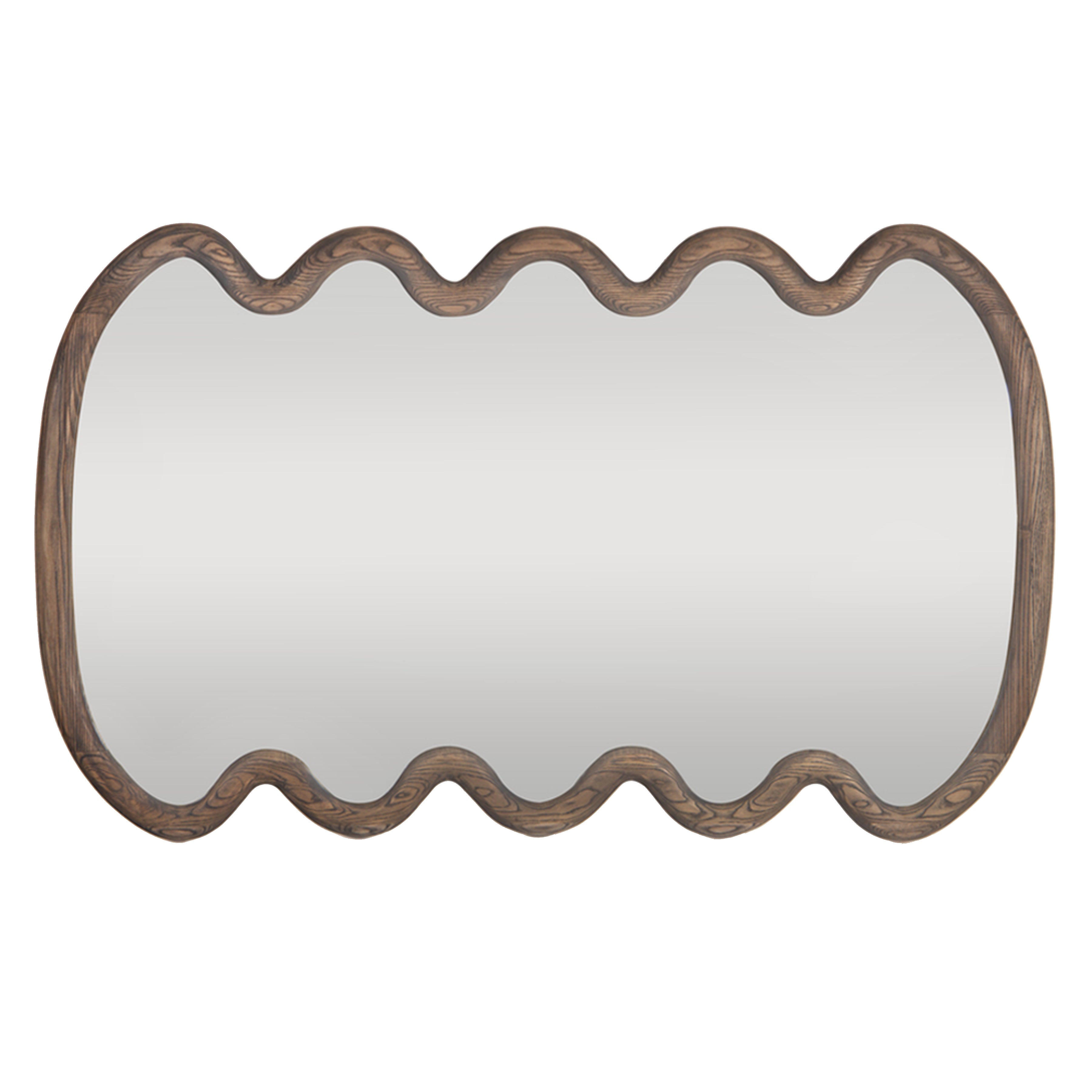 A rectangular wall mirror with a wavy scalloped wooden frame in a medium brown finish, shown against a plain white background.
