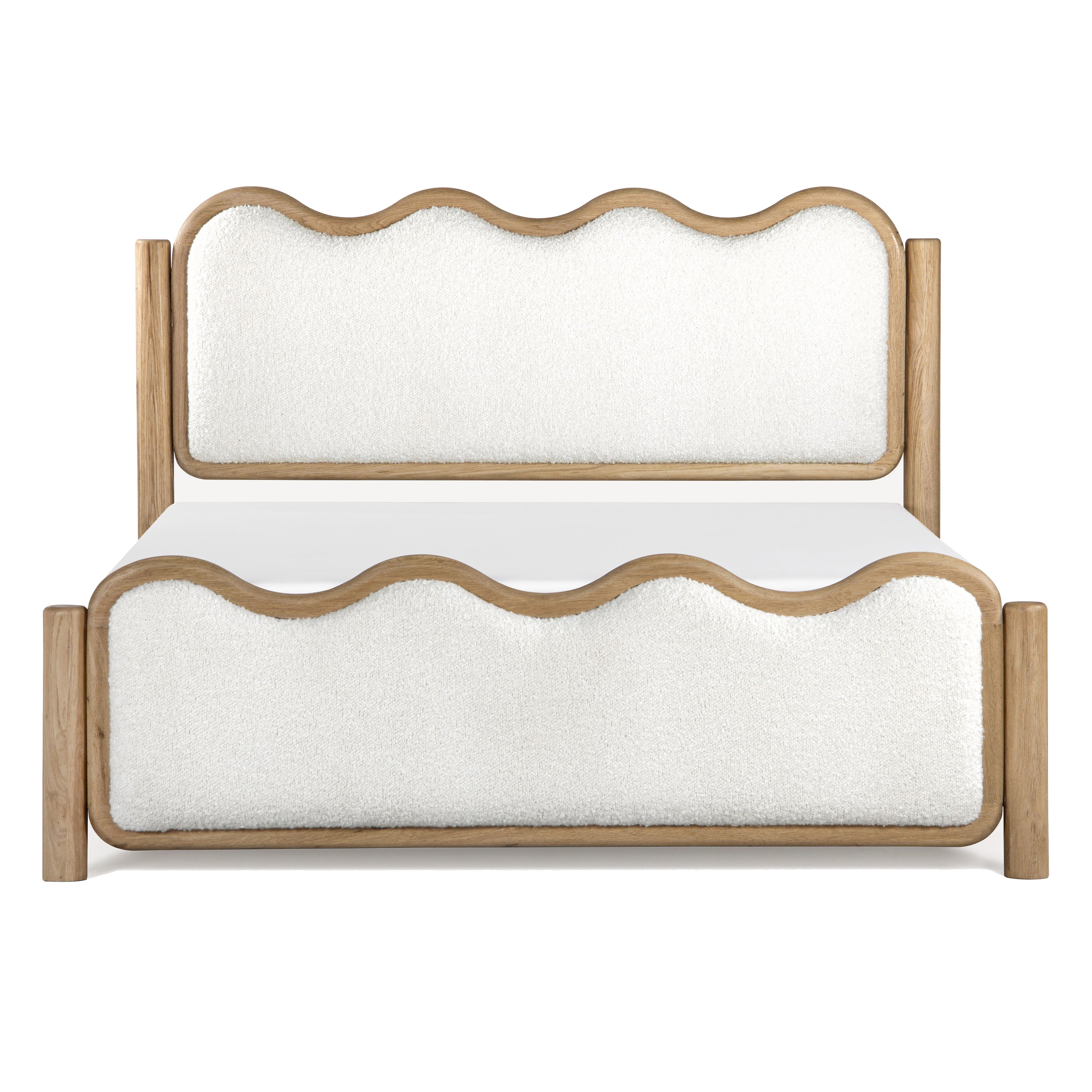A modern bed frame with a light natural wood finish and plush white bouclé upholstered headboard and footboard, featuring a scalloped wavy trim detail.