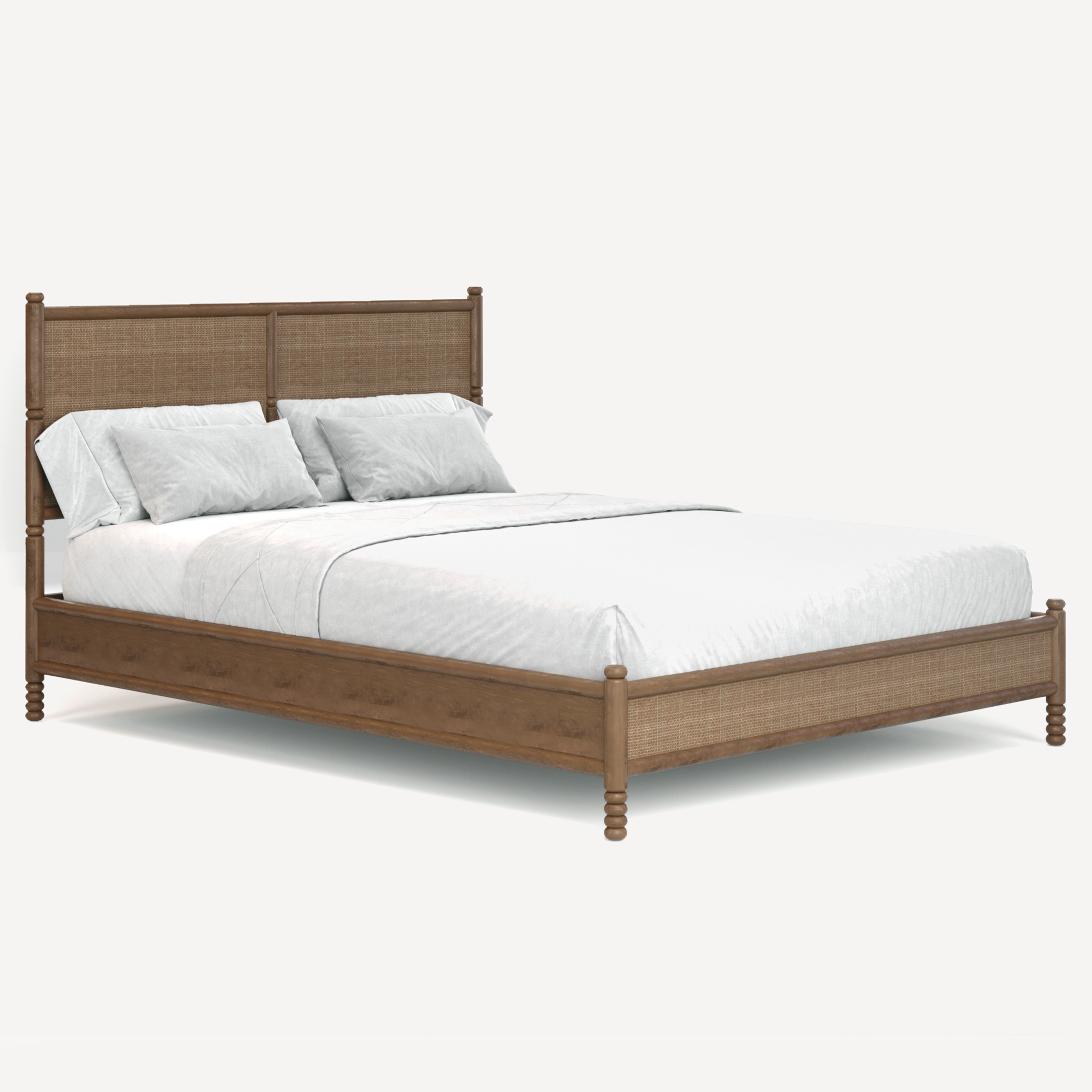 Wooden bed with white bedding on a white background