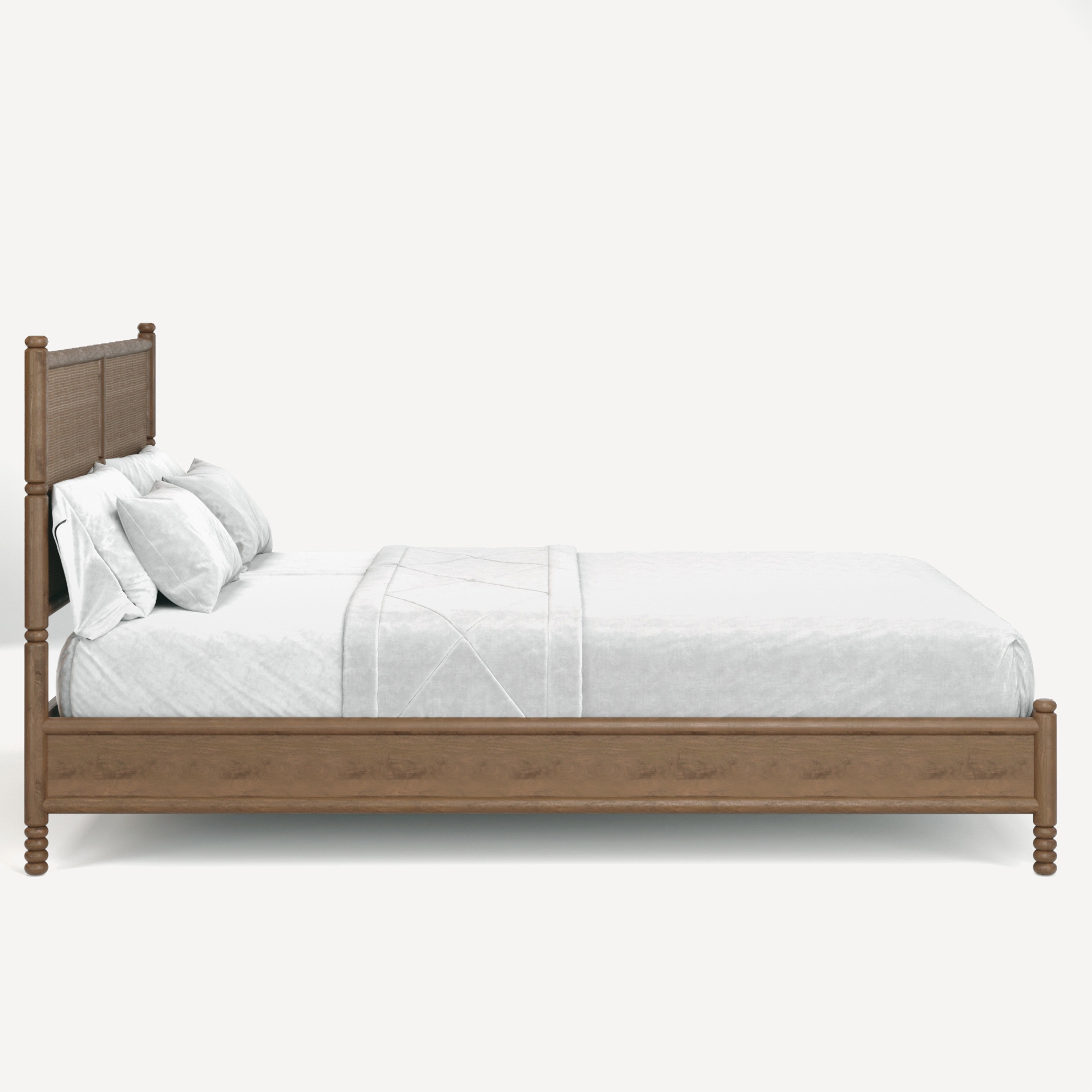 A queen-size wooden bed frame with a light brown finish, styled with white bedding and pillows, shown against a plain off-white background.