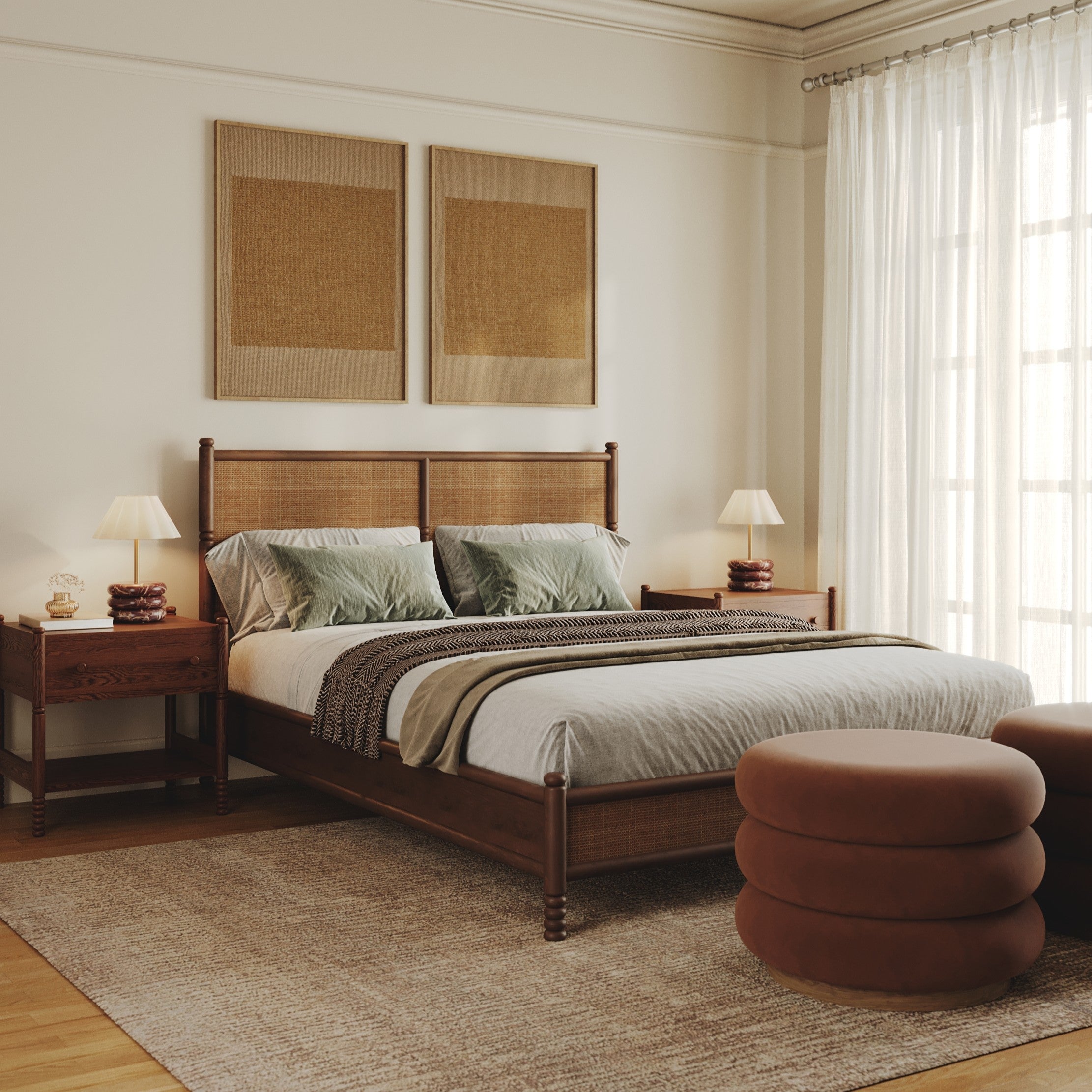 Bedroom with wooden bed, side tables, and a large window.