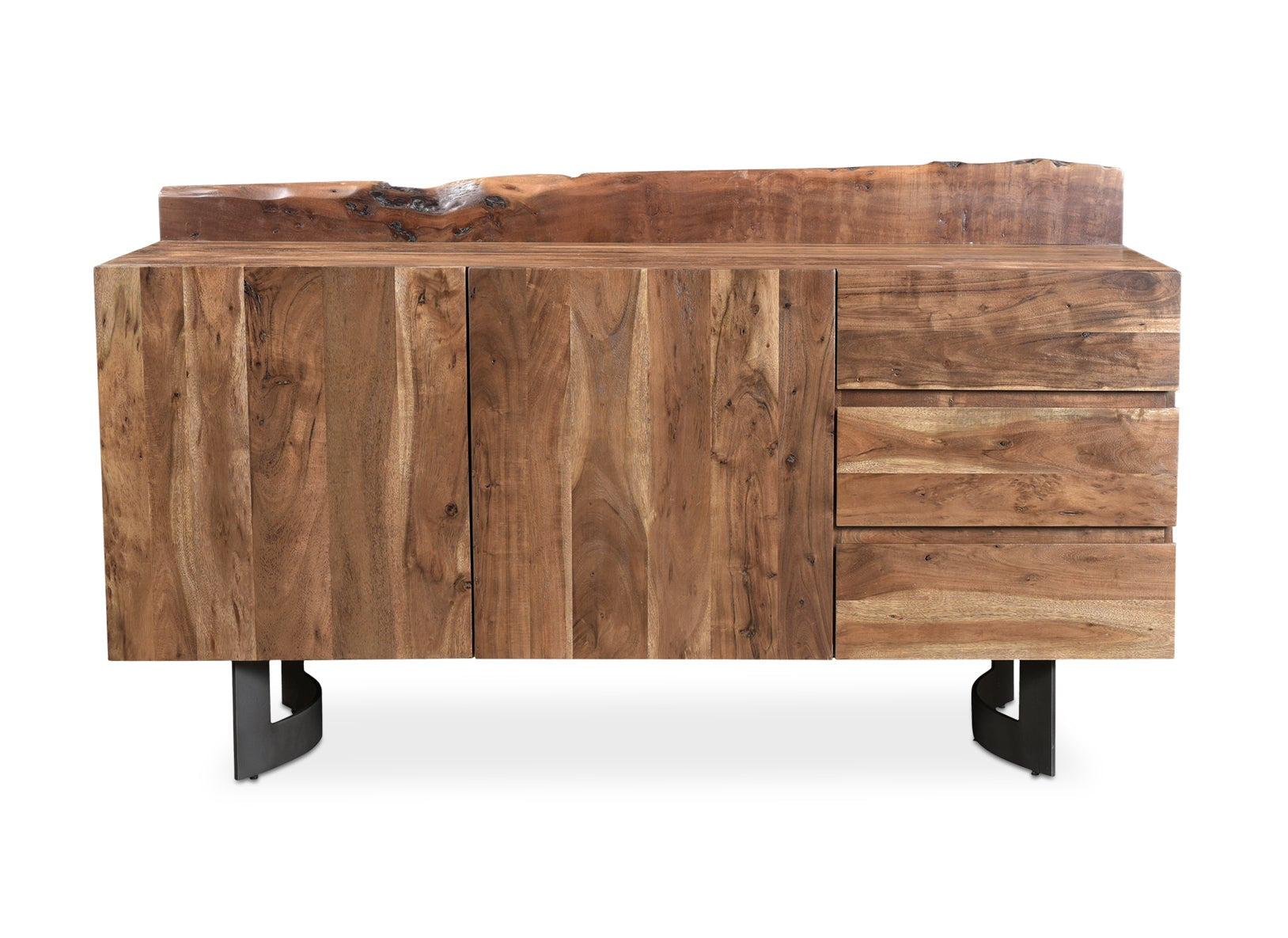 Wooden sideboard with a live edge countertop on a white background