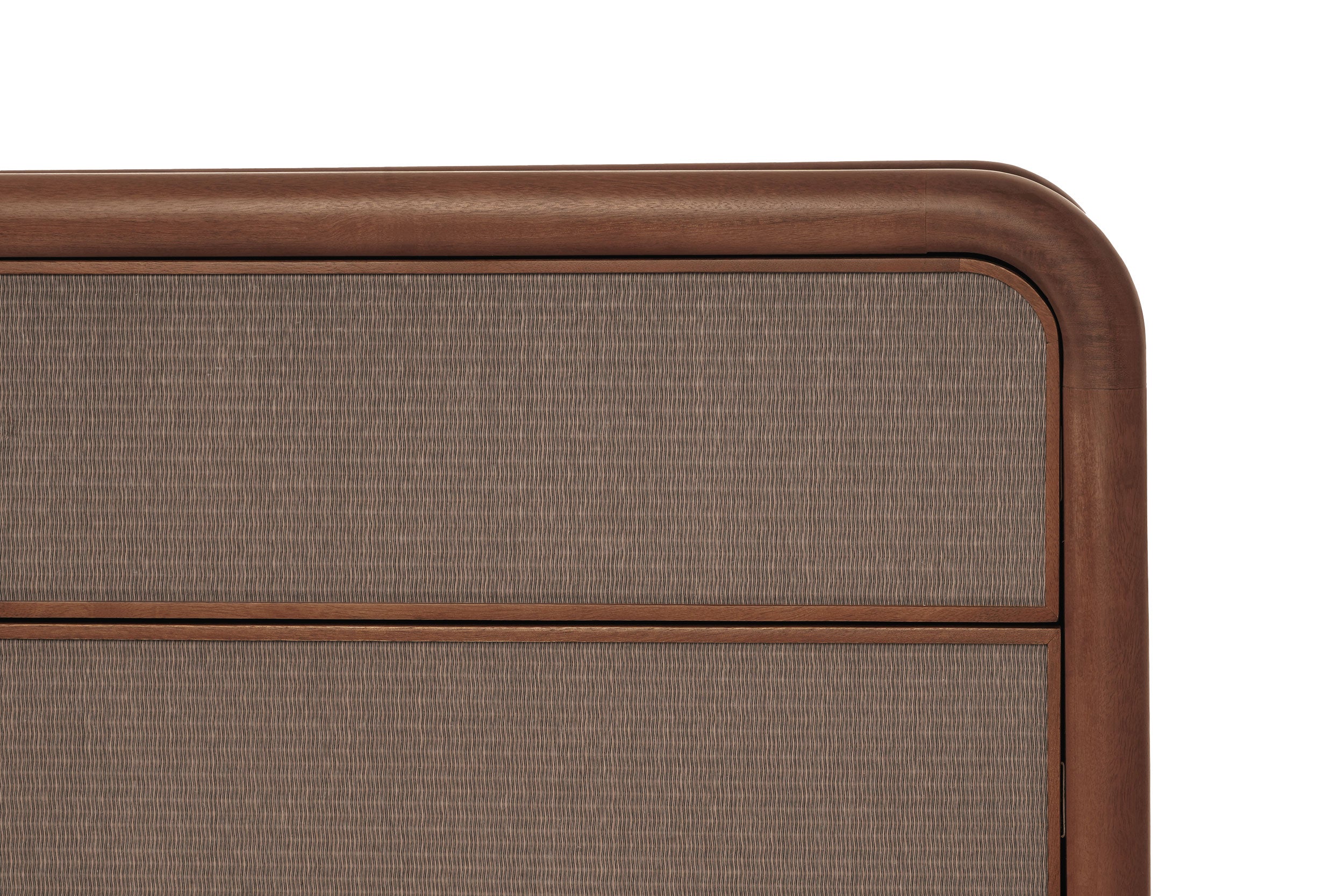 A warm brown dresser with six drawers, featuring a solid pattern