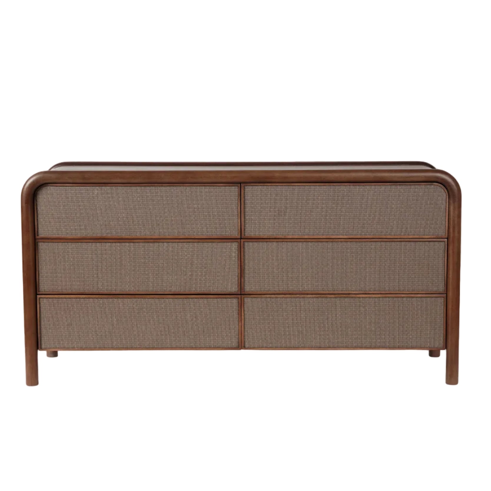 A warm brown dresser with six drawers, featuring a solid pattern