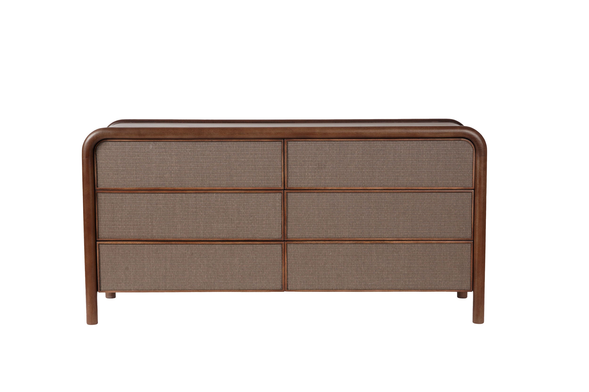 A warm brown dresser with six drawers, featuring a solid pattern