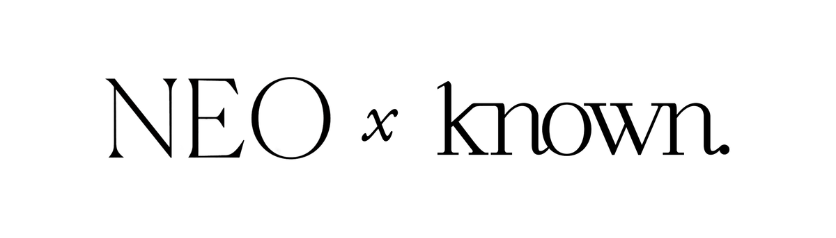 Black logo and text reading 'Neo x known.' on a plain white background