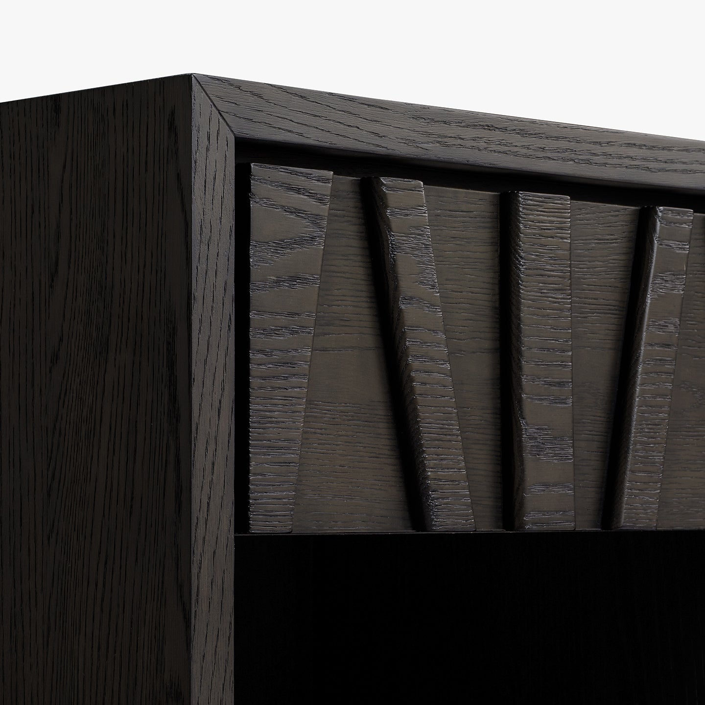 Dark wooden nighstand drawer with geometric overlay