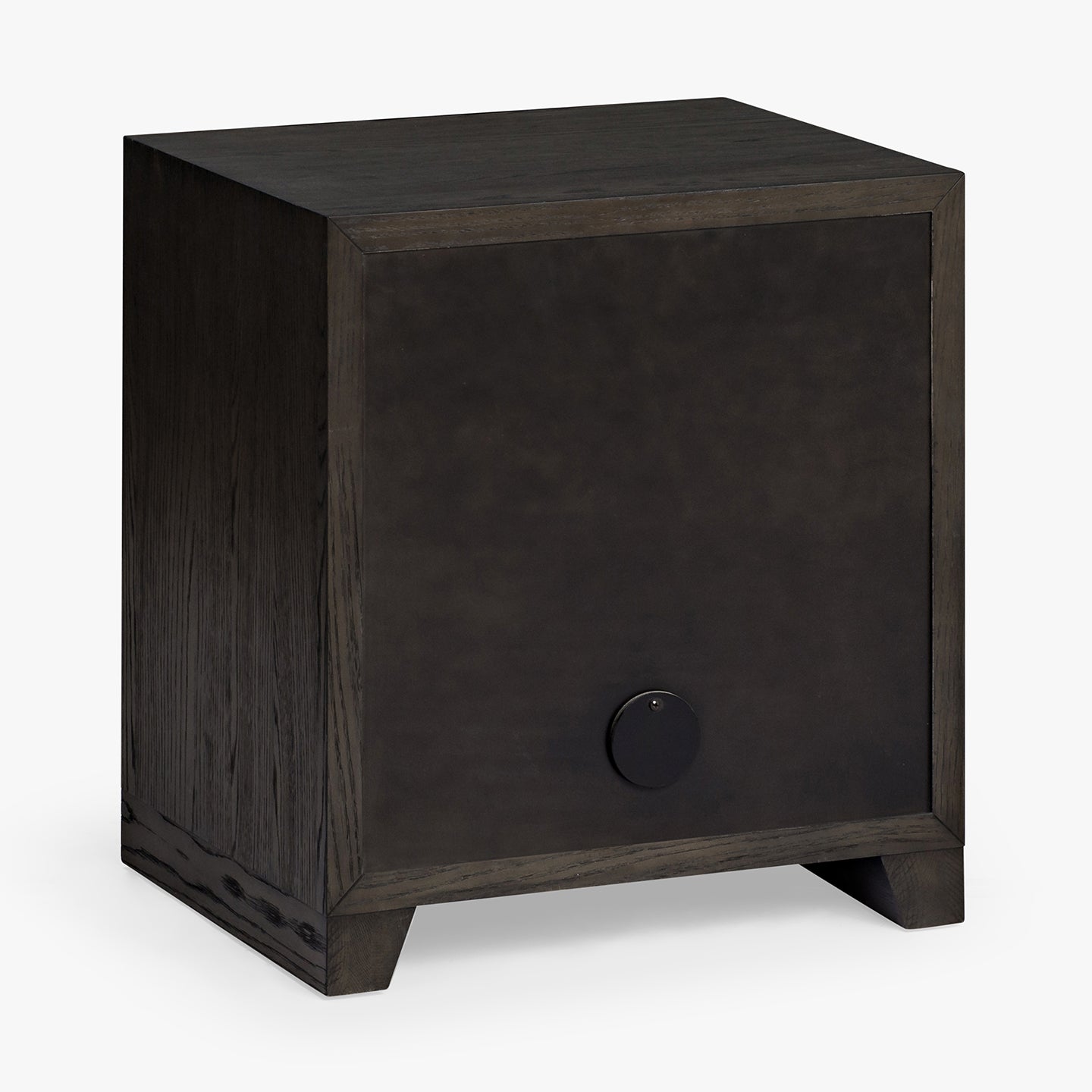 Back view of a dark wooden side table with media cable cutout on a white background