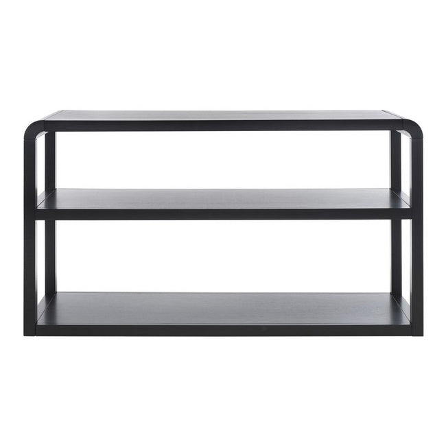 Black veneer TV stand with glass shelves on a white background