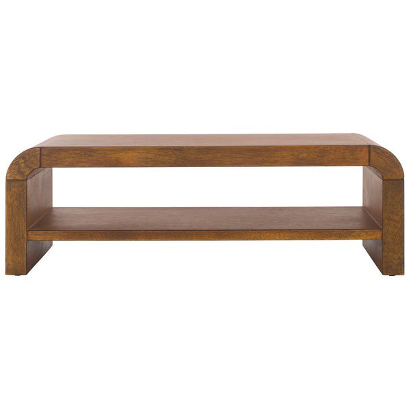 Wooden coffee table with a shelf on a white background