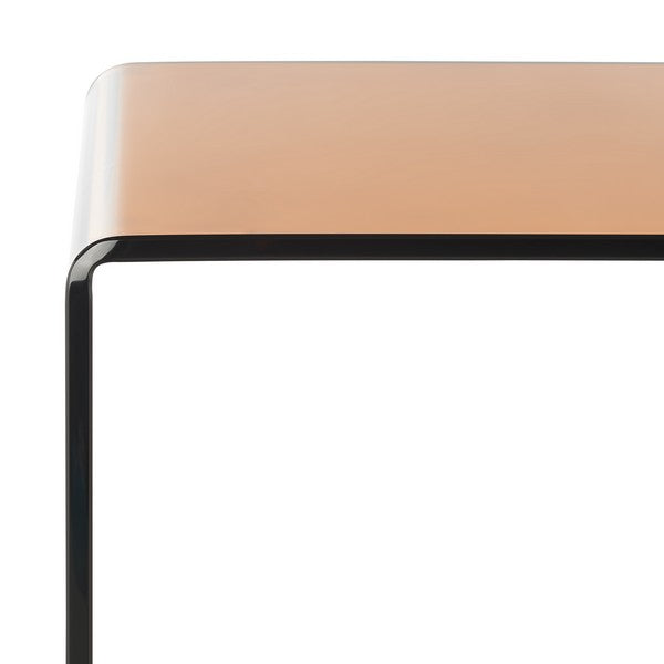 Close-up of a modern console table with a brown glass frame on a white background