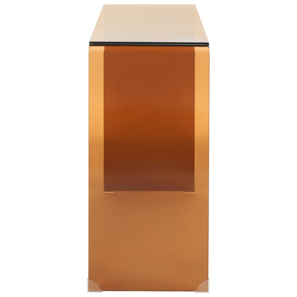Modern console table with a brown glass frame on a white background