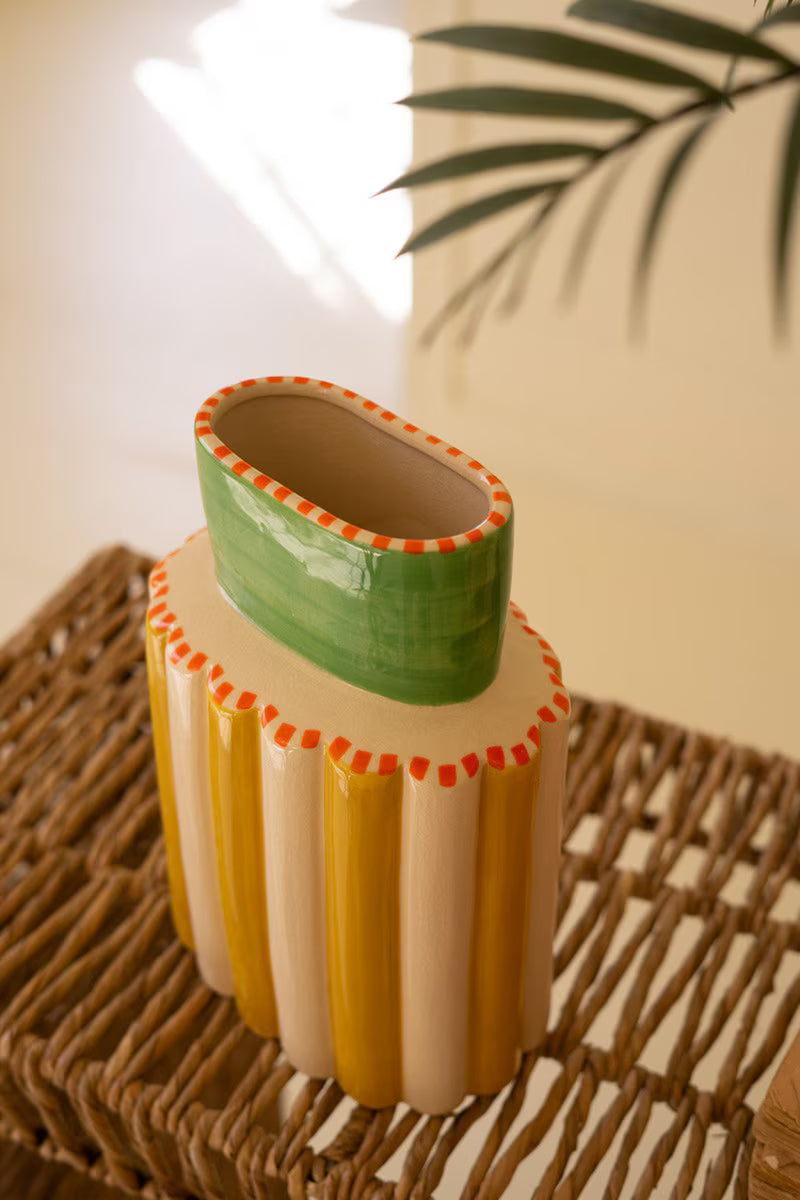 Ceramic Multi-Colored Vase with Green Neck