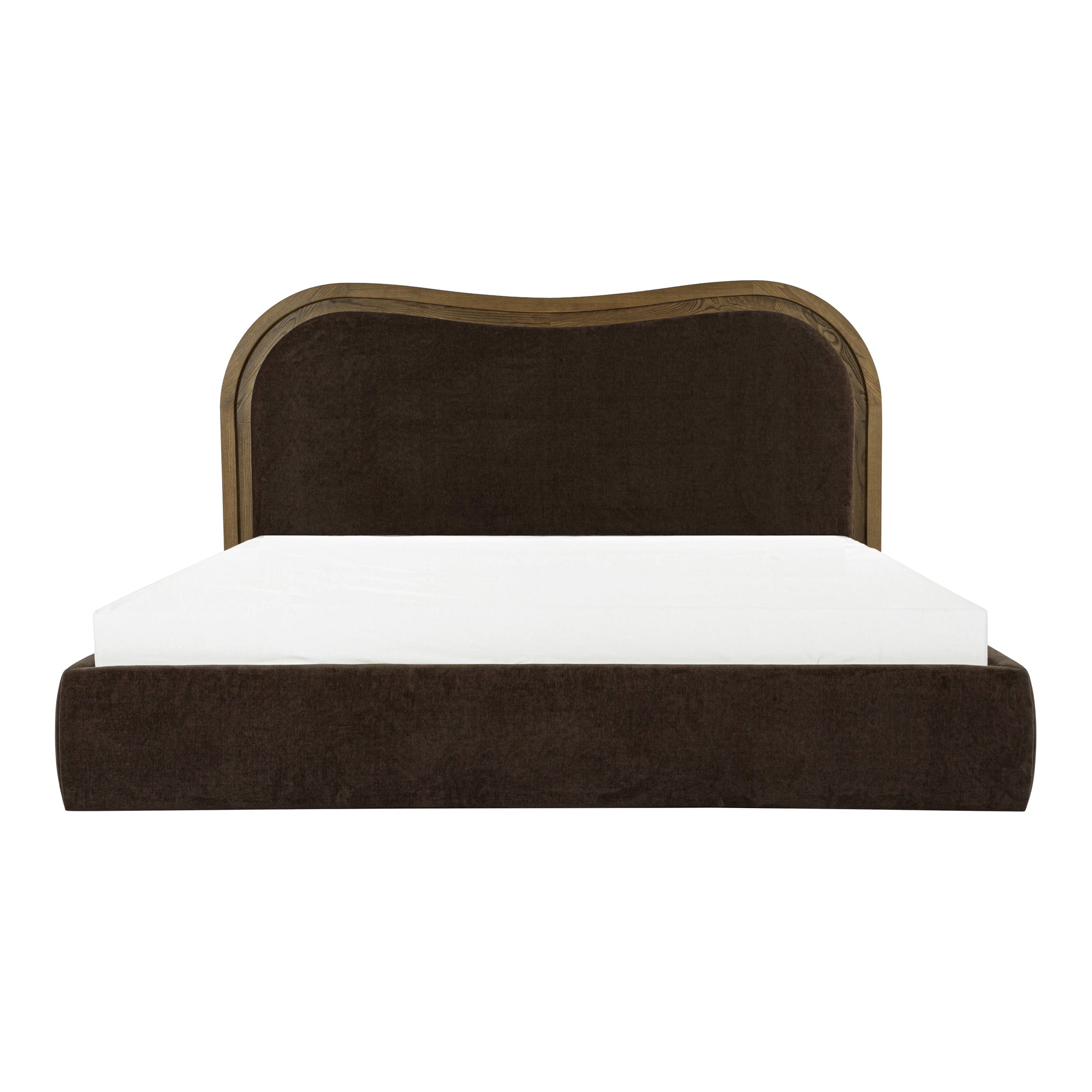 A modern upholstered bed frame with a curved headboard and matching footboard in dark brown velvet, featuring a light wood trim and a white mattress on a plain white background.