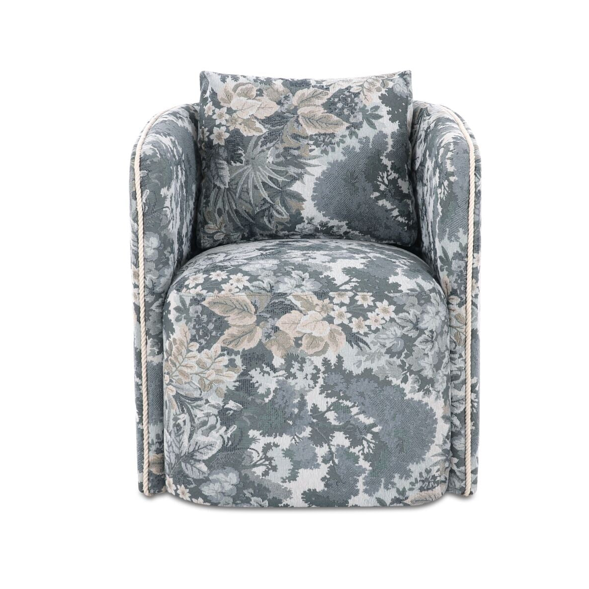 Floral patterned swivel armchair on a white background