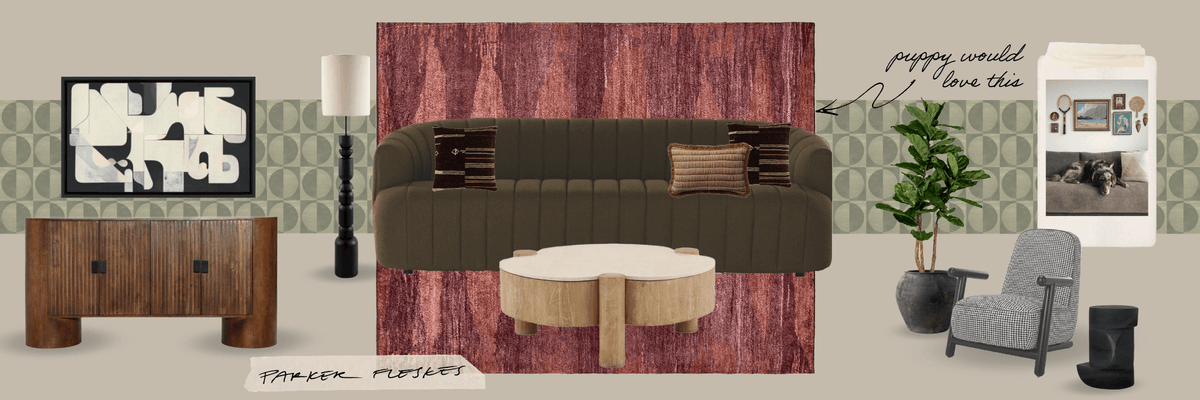 A styled interior design collage showing a dark olive green sofa centered against a textured reddish-brown wall, with a round light wood coffee table in front. Surrounding elements include a wooden sideboard, a black floor lamp, a framed abstract print, a potted plant, a gray armchair, and a small black speaker, all arranged on a beige background with decorative wallpaper and a small inset photo.