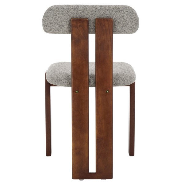 Chair with wooden frame and gray cushioned seat and backrest on a white background