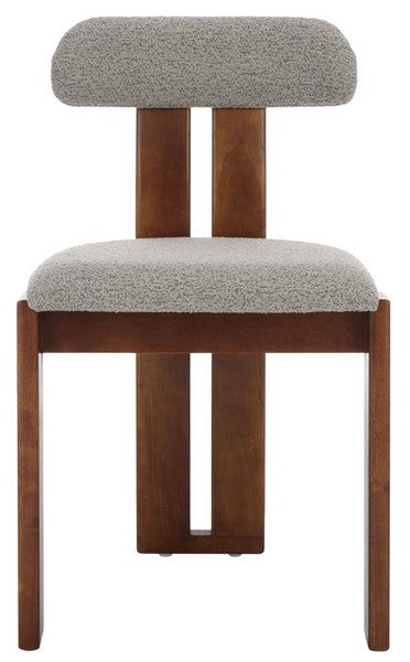 Chair with wooden frame and gray cushioned seat and backrest on a white background