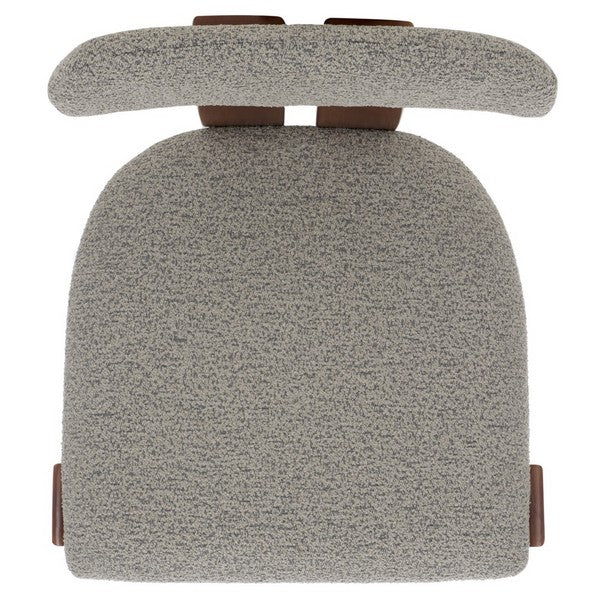 Chair with wooden frame and gray cushioned seat and backrest on a white background