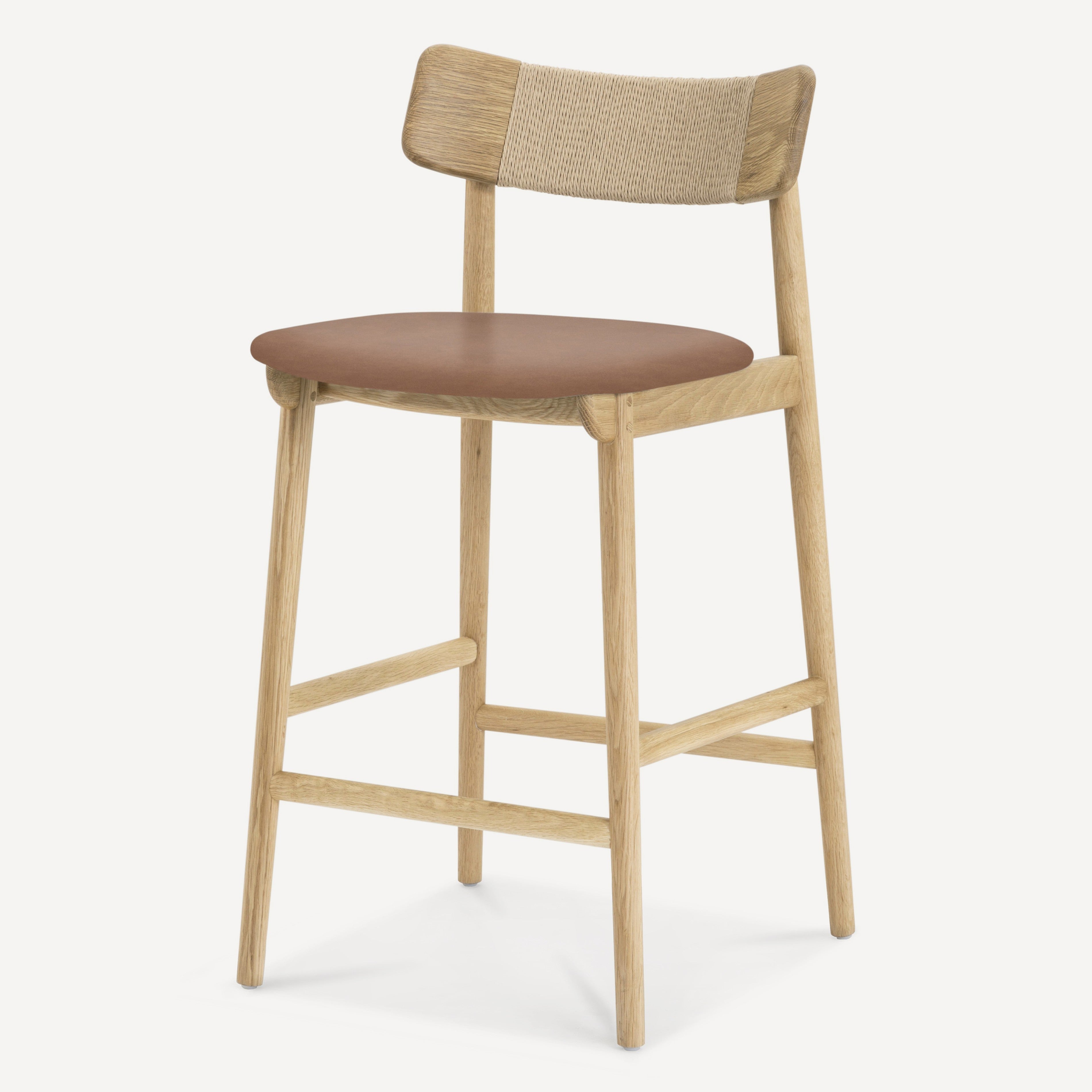 A modern wooden bar stool with a light oak frame, a brown upholstered seat, and a woven beige backrest, shown against a plain white background.