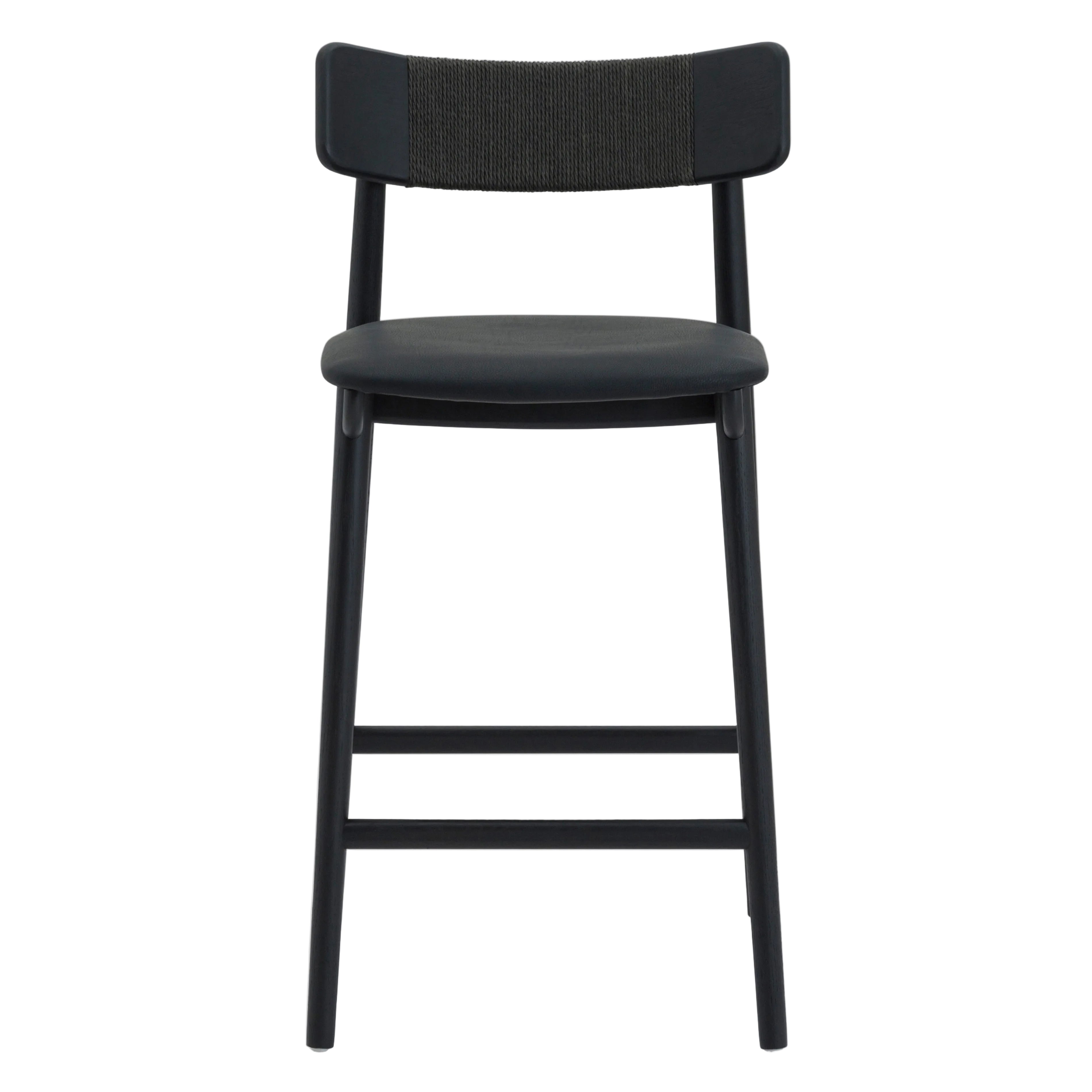 A modern counter stool with a black upholstered seat and a dark woven backrest, set against a plain light gray background.