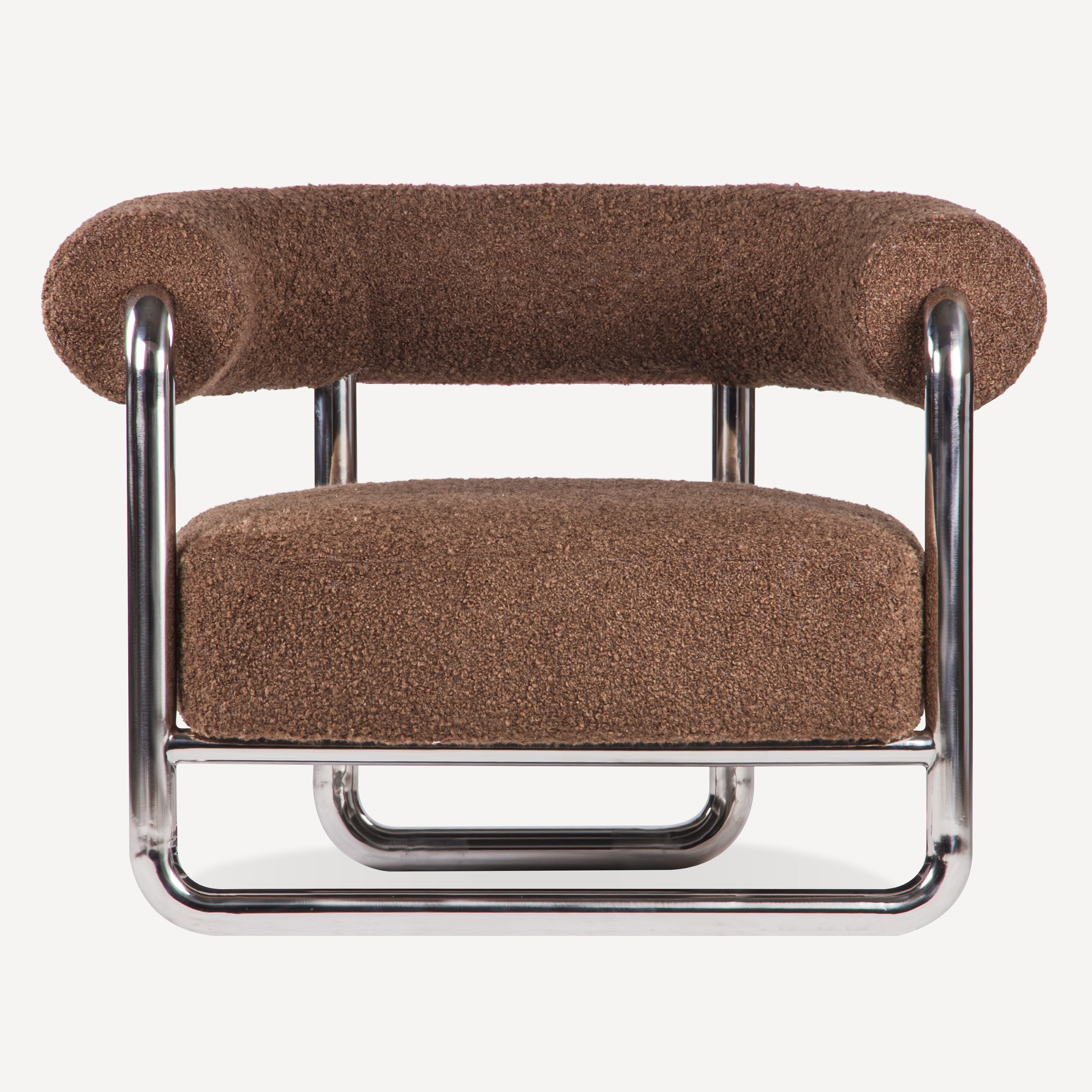 Brown upholstered chair with metal frame on a white background