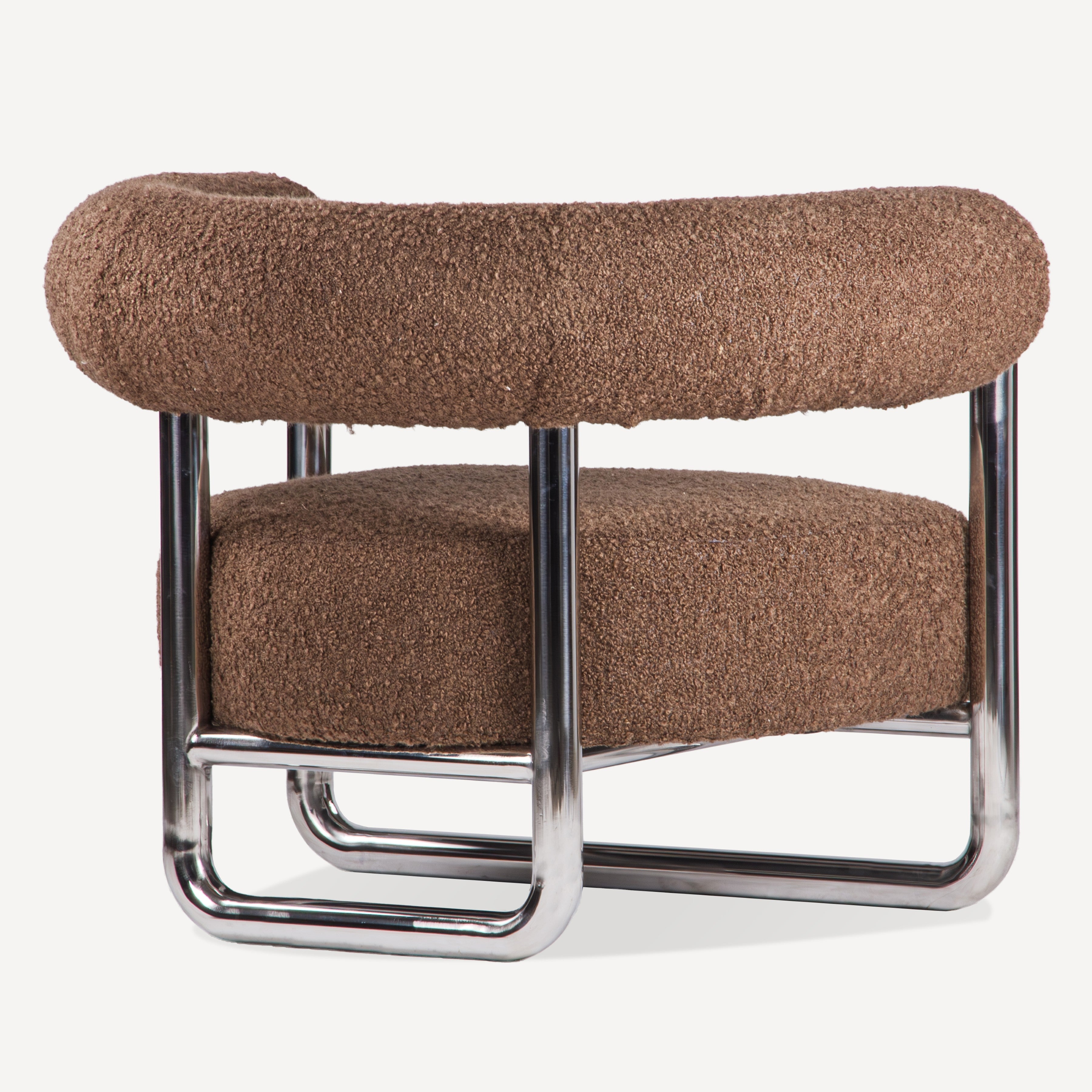 Brown upholstered chair with metal frame on a white background