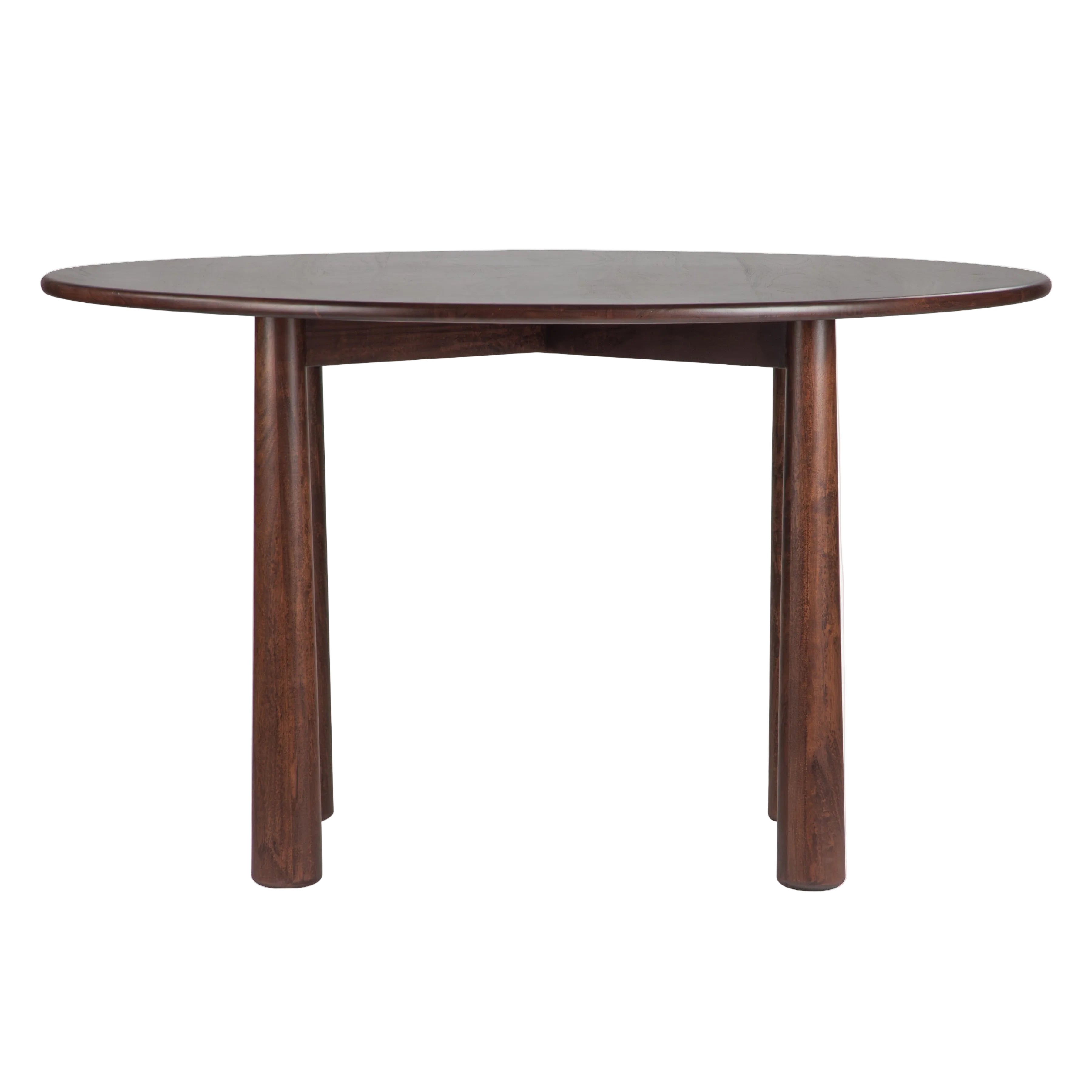 A dark brown wooden oval dining table with three tapered legs, shown against a plain light gray background.