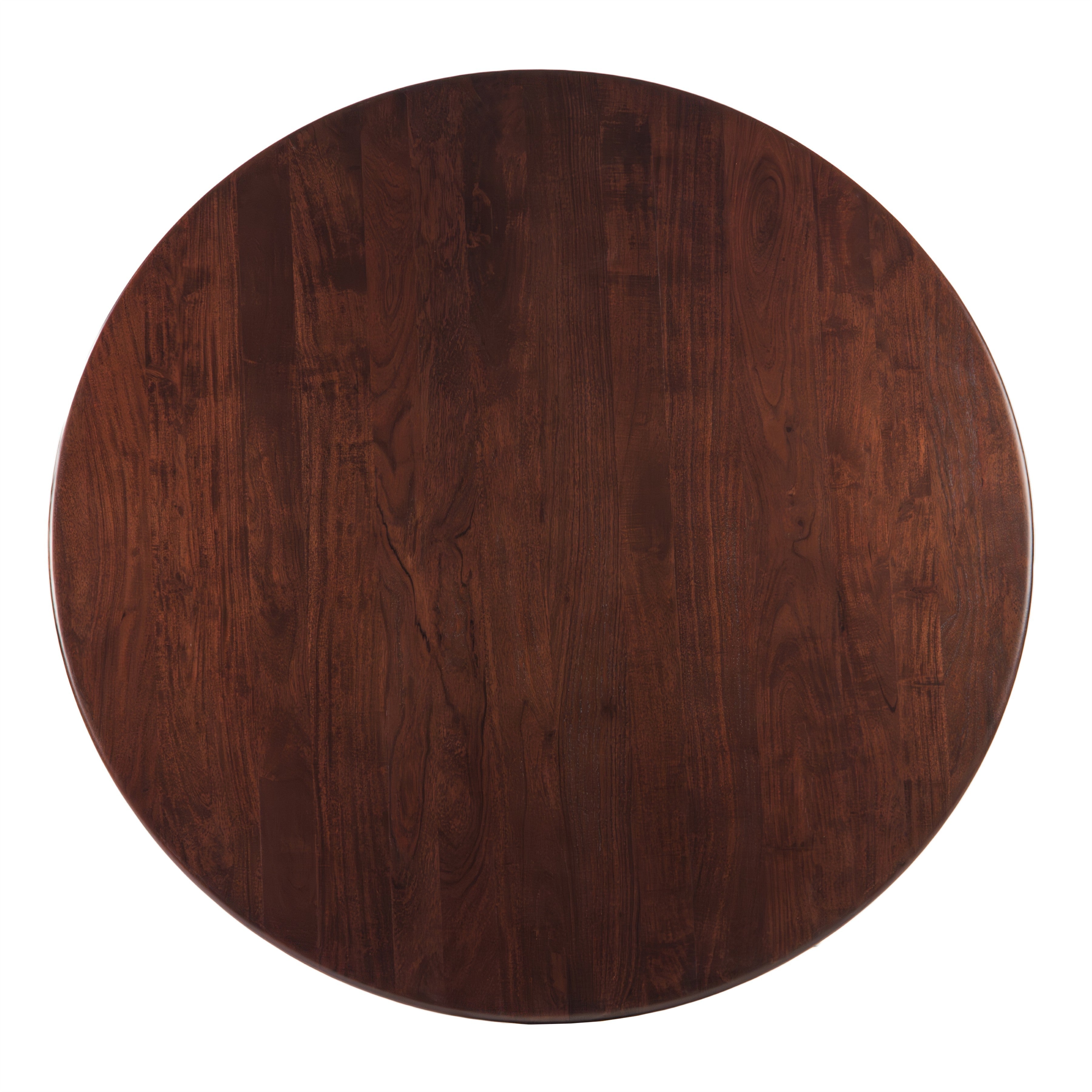 A round wooden table top with a rich dark brown finish and visible wood grain patterns, shown from a top-down perspective on a solid white background.