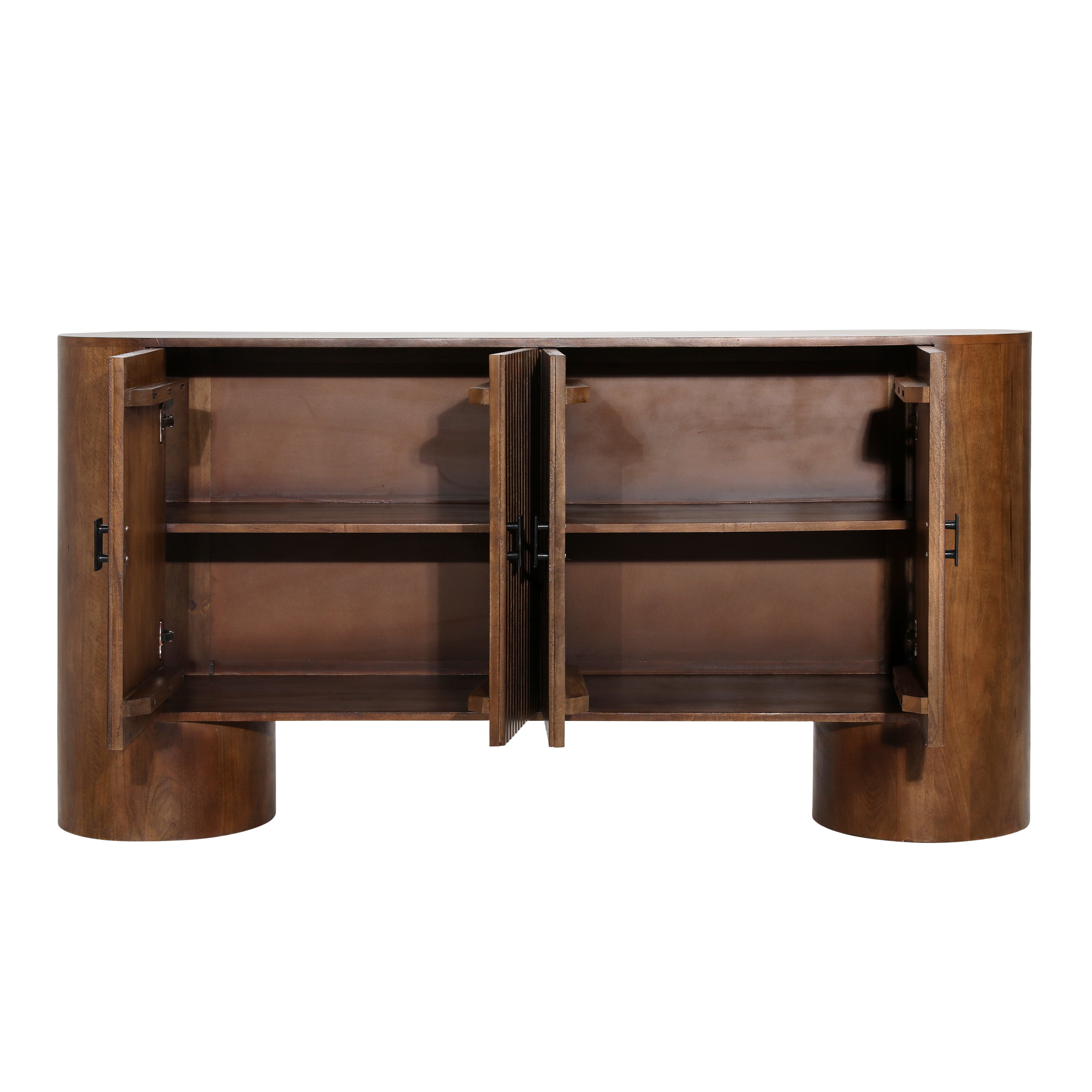 Wooden cabinet with open doors on a white background