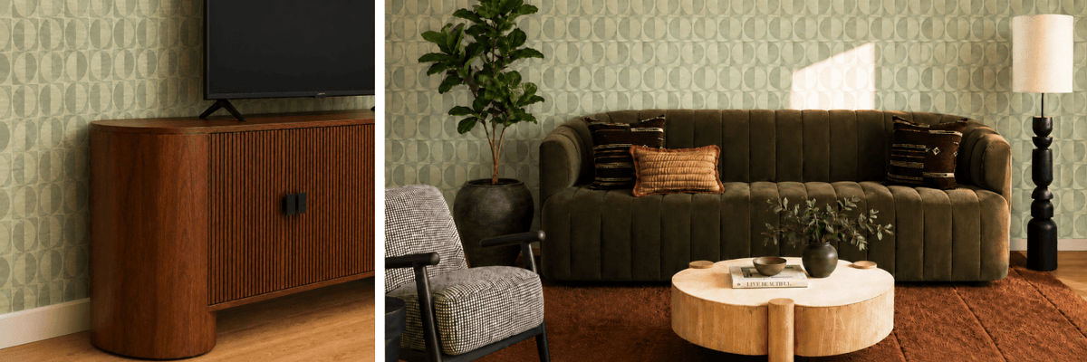 A split-screen interior scene showing wallpapered walls and furniture. The left panel shows a wood cabinet against patterned wallpaper.