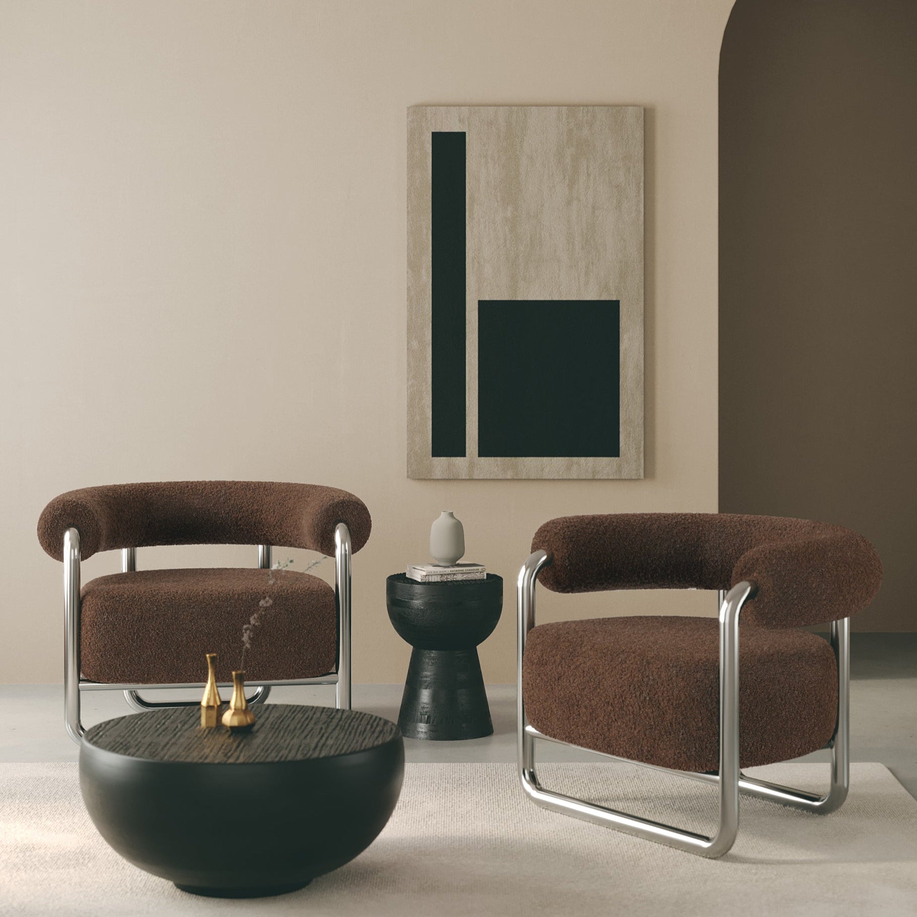 Modern living room with two brown chairs, a black side table, and abstract art on the wall.