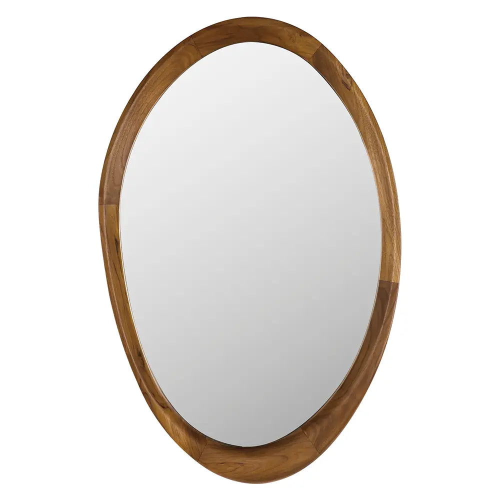 Oval mirror with a wooden frame on a white background