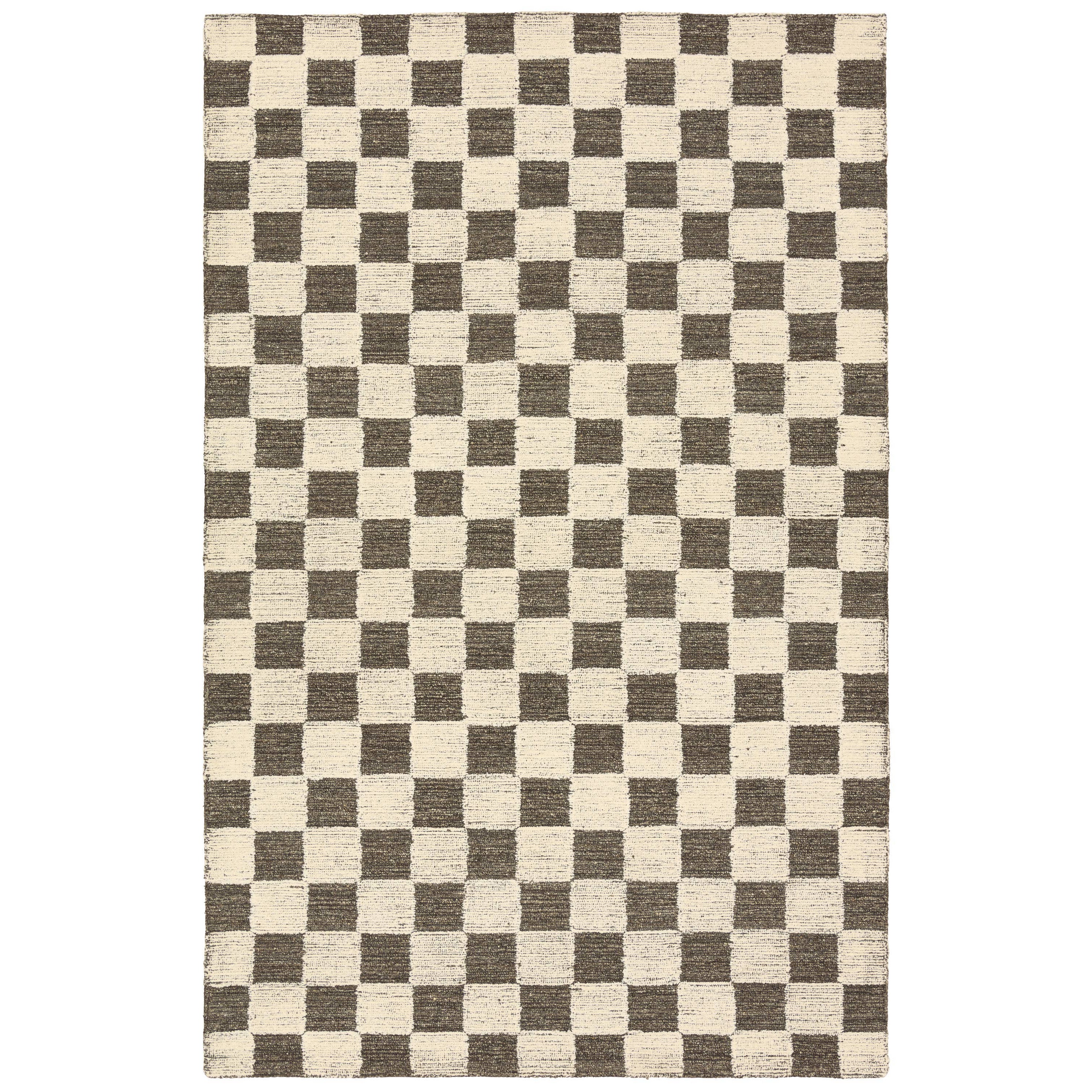 Checkered rug with brown and beige squares on a white background
