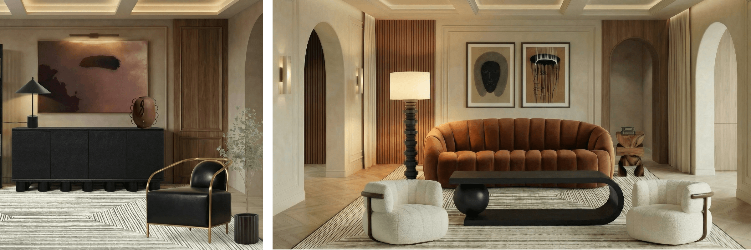 Two interior design images of a modern living room with a brown sofa and stylish decor.