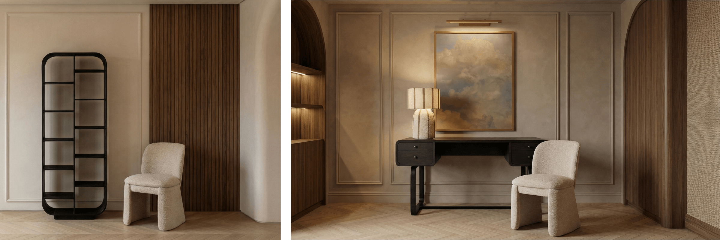 Modern interior design with a black shelving unit, white chair, and a desk with a lamp.