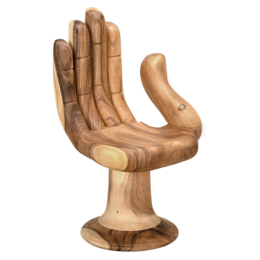 Wooden chair designed like a hand on a white background
