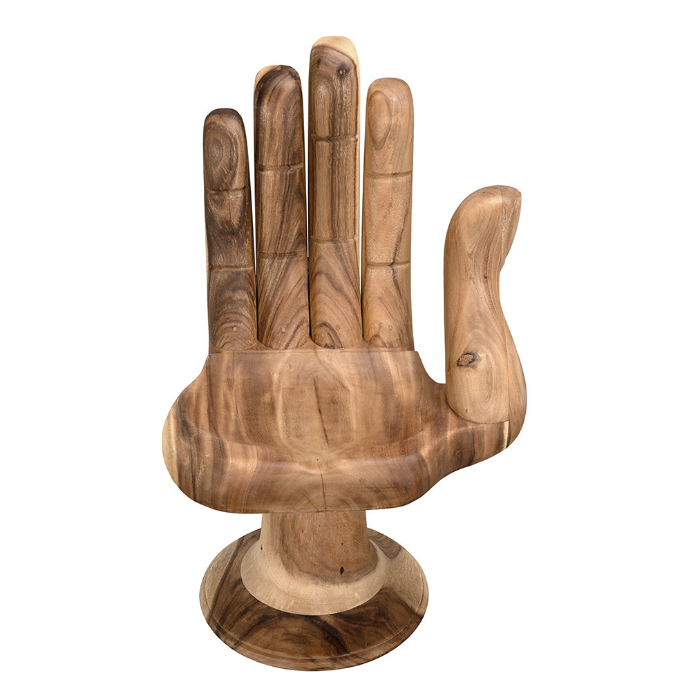Wooden hand-shaped object on a white background