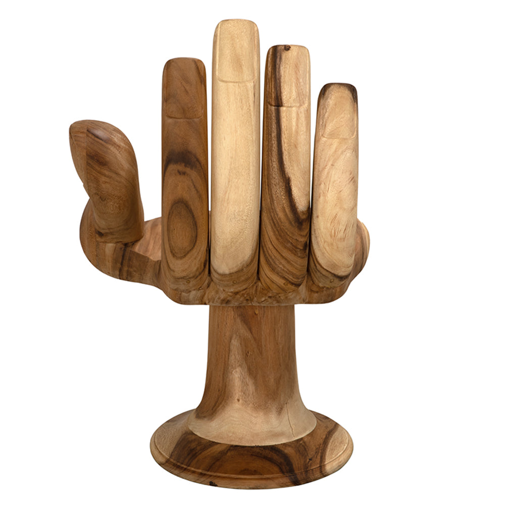 Wooden hand-shaped chair on a white background