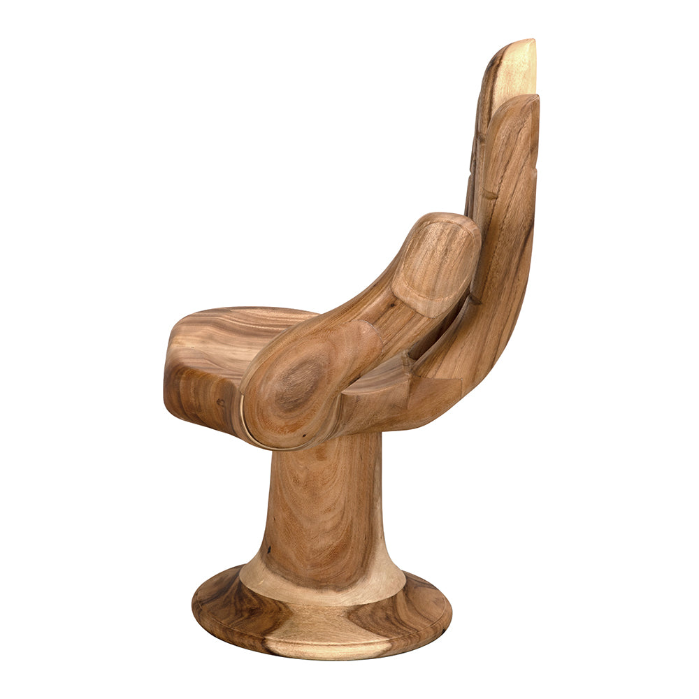 Wooden chair shaped like a hand on a white background