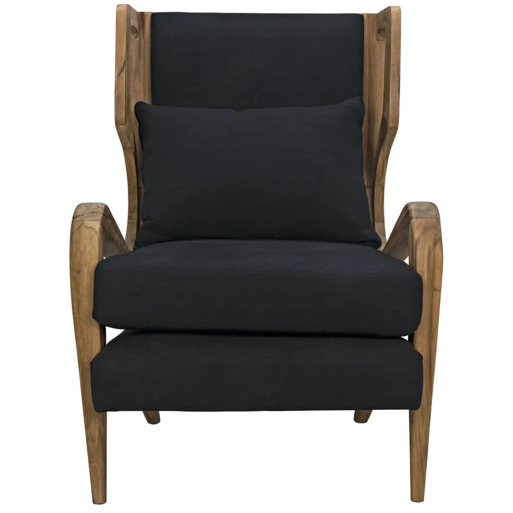 Teak wingback style chair with black cotton upholstery
