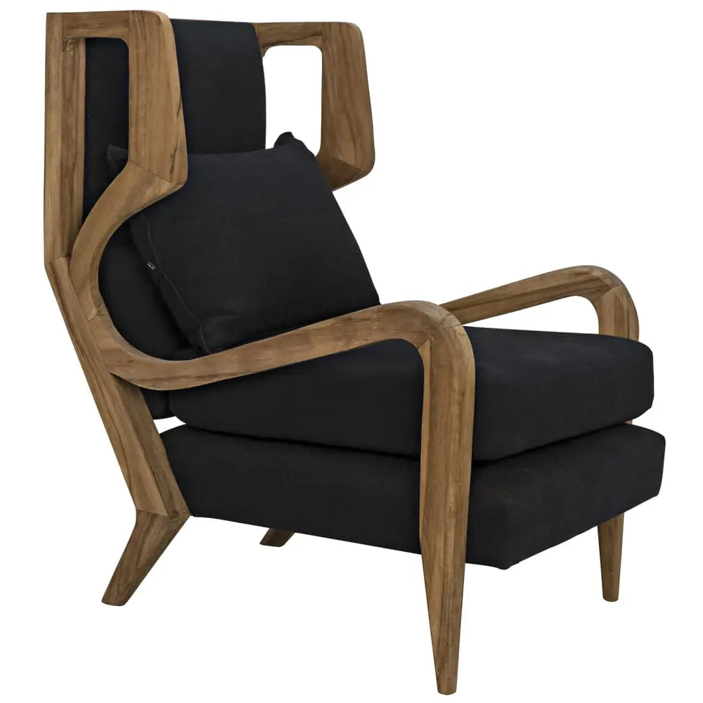 Teak wingback style chair with black cotton upholstery