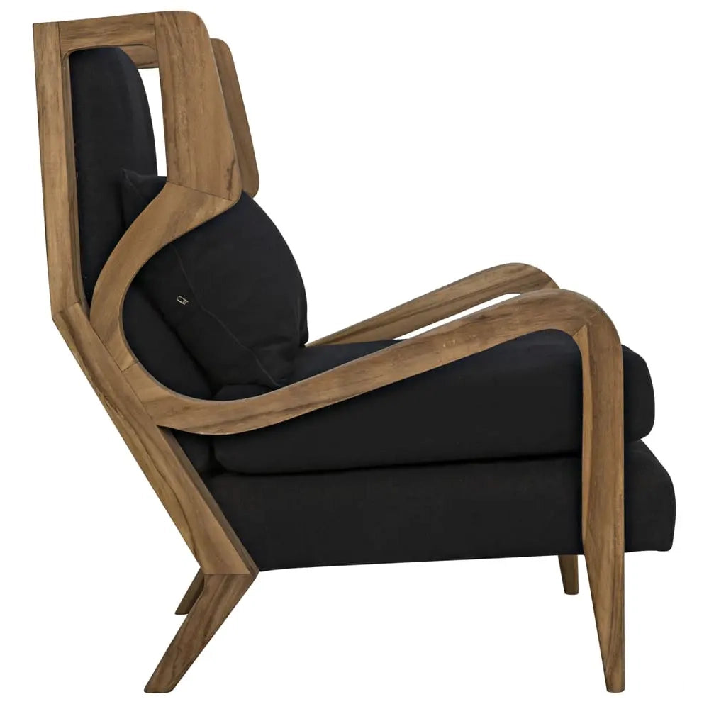 Teak wingback style chair with black cotton upholstery