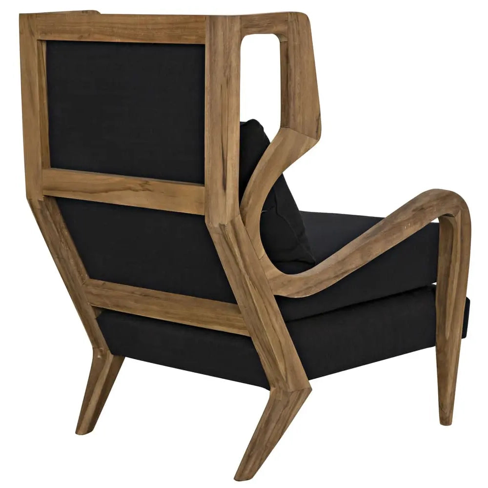 Teak wingback style chair with black cotton upholstery
