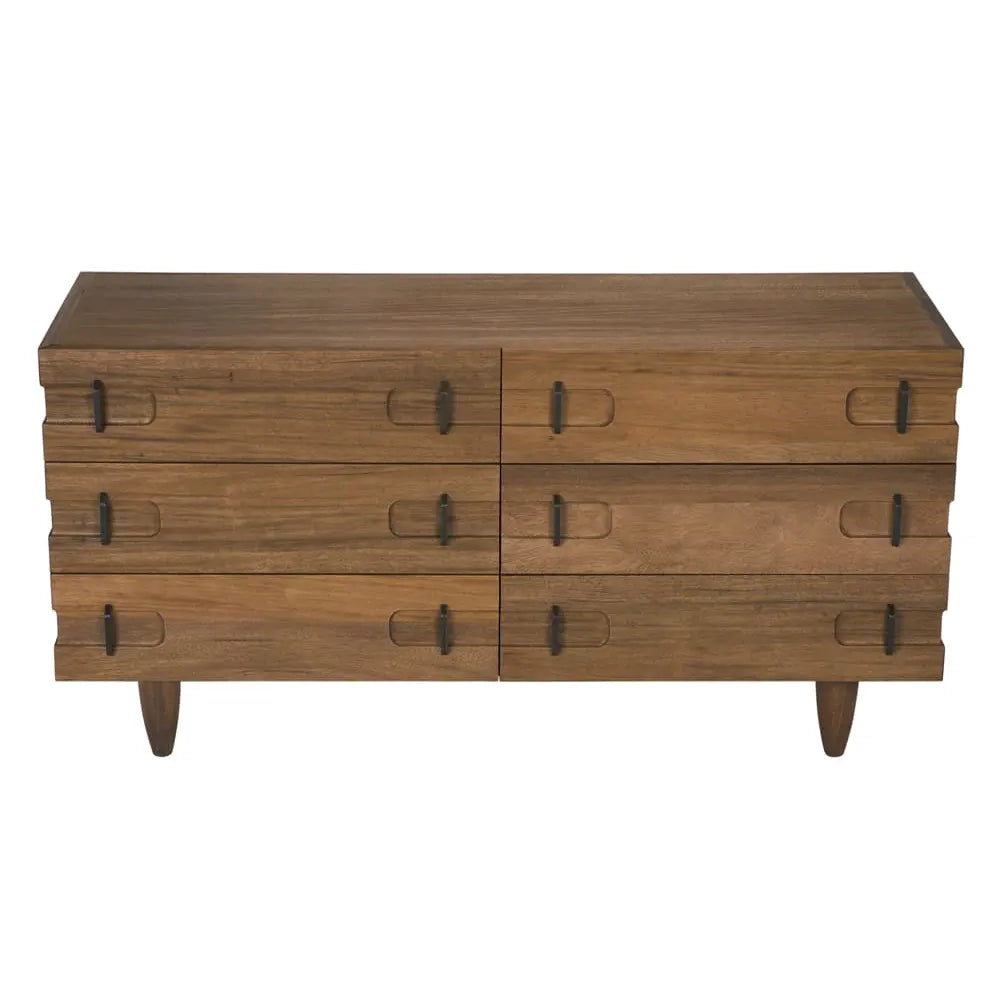 Wooden sideboard with multiple drawers on a white background