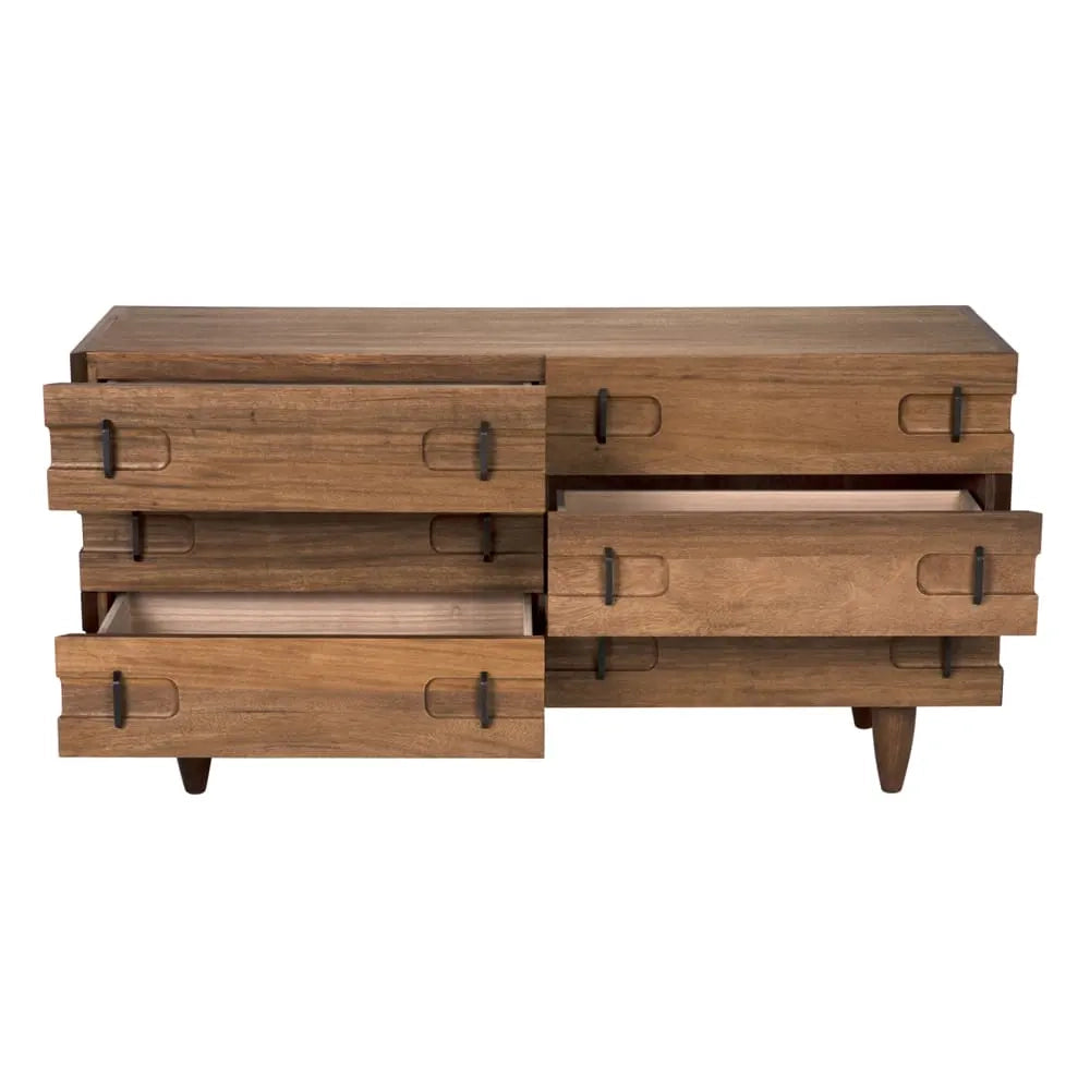 Wooden sideboard with six drawers on a white background