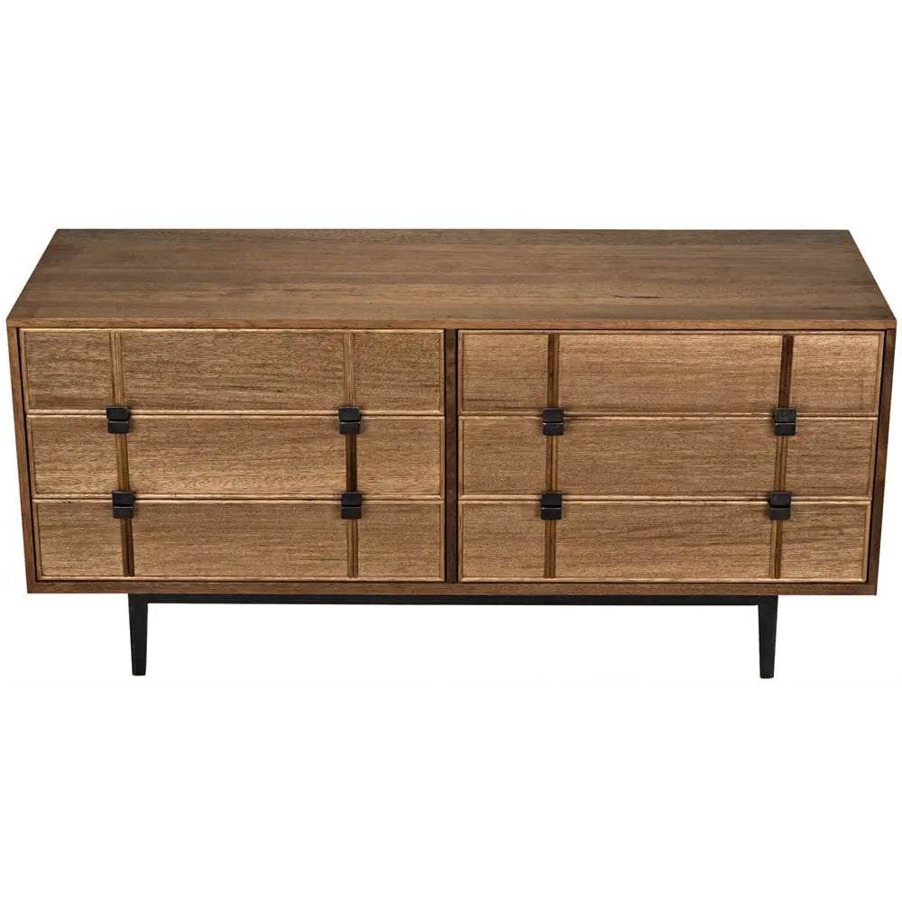 Wooden sideboard in dark walnut finish with six drawers and black iron pulls and legs 