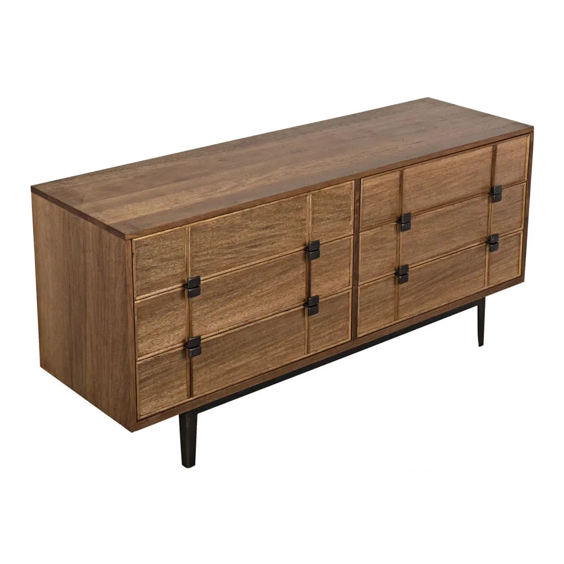 Wooden sideboard in dark walnut finish with six drawers and black iron pulls and legs 