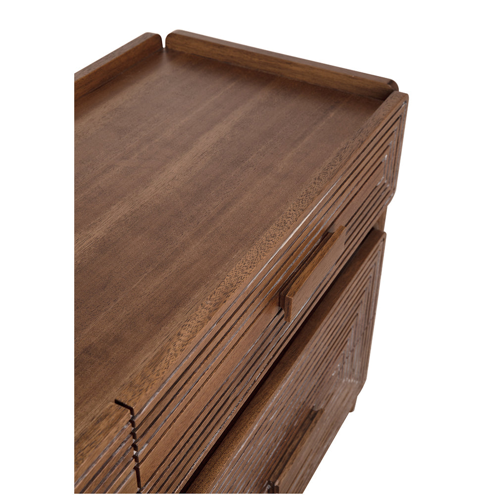 Wooden drawer unit with a smooth top surface on a white background