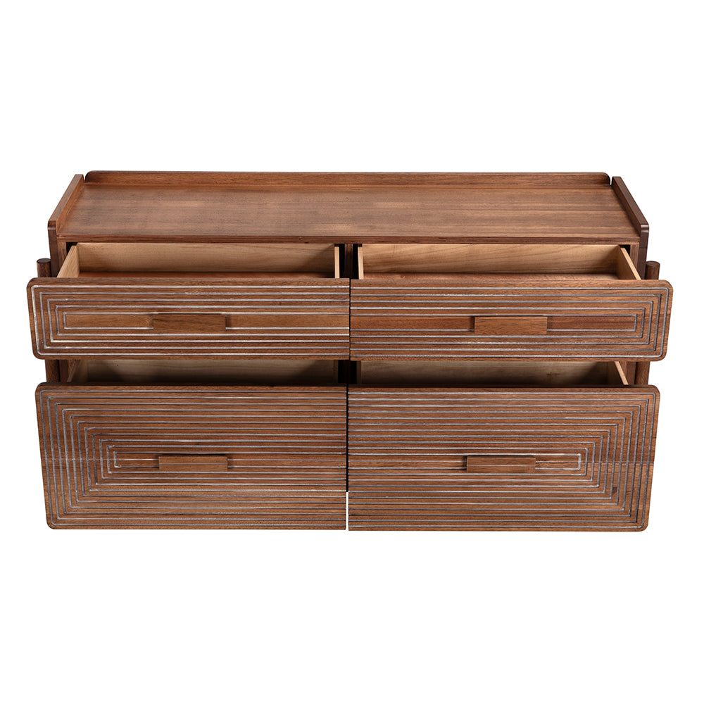 Wooden storage cabinet with multiple drawers on a white background